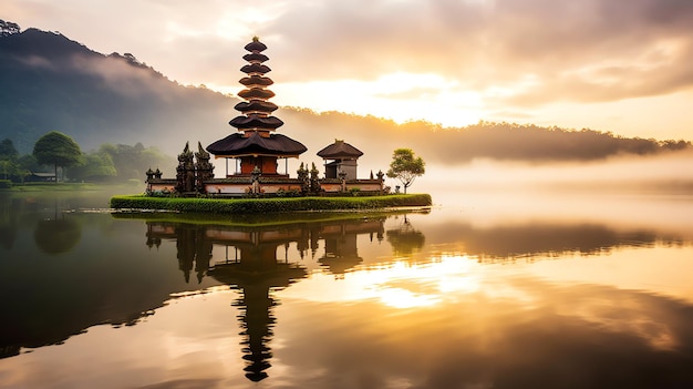 Antica pura ulun danu bratan besakih o famoso tempio indù e turista nell'isola di bali all'alba