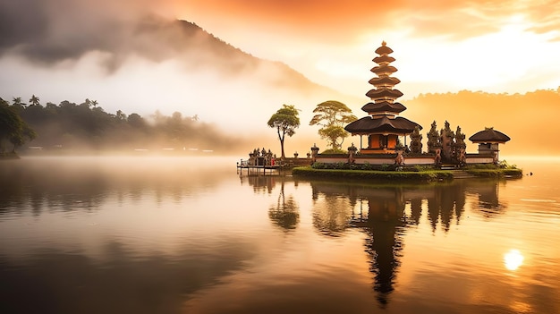 Antica pura ulun danu bratan besakih o famoso tempio indù e turista nell'isola di bali all'alba