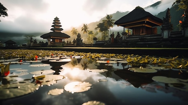 Antica pura ulun danu bratan besakih o famoso tempio indù e turista nell'isola di bali all'alba