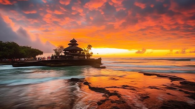 Antica pura ulun danu bratan besakih o famoso tempio indù e turista nell'isola di bali all'alba