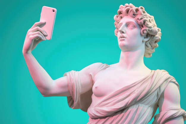 Antica scultura greca con smartphone in mano su sfondo blu