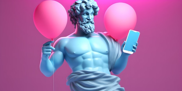 Antica scultura greca di un uomo che tiene in mano un telefono cellulare su uno sfondo rosa
