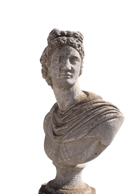 Antica scultura in pietra del busto dell'uomo su sfondo bianco