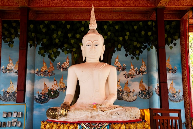 Antica statua bianca di Budda Luang Phor Khao in antiche rovine ubosot del tempio Wat Tha It per il popolo thailandese viaggiatore visita rispetto pregare benedizione desiderio santo alla città di Angthong in Ang Thong Thailandia