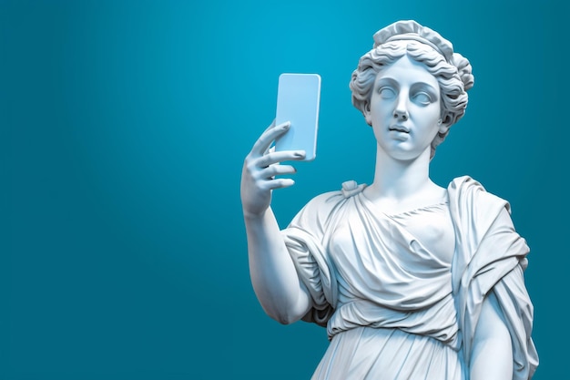 Antica statua cattura un selfie contro uno sfondo blu