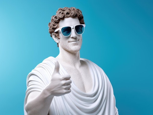 Antica statua greca di un uomo che indossa occhiali da sole con una tendenza di concetto minimo sullo sfondo colorato