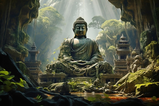 Antica statua religiosa indù del Buddha nella fitta giungla della foresta tropicale Architettonica religiosa