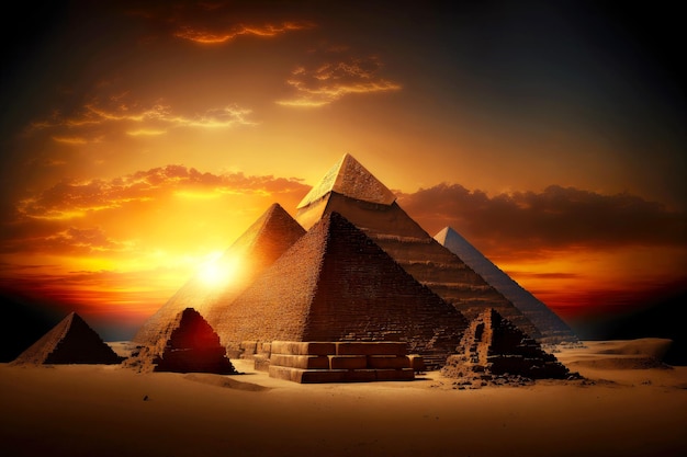 Antica tomba in forma di piramidi egiziane sullo sfondo del tramonto