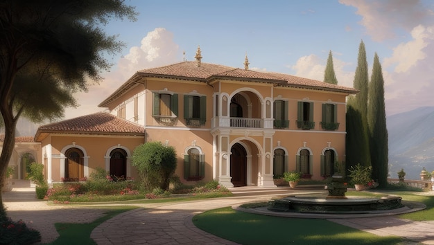 Antica villa italiana d'epoca con prato e giardino in giornata di sole luce soffusa arte digitale generativa ai