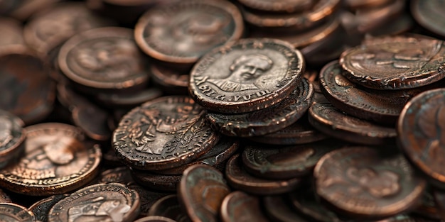 Antiche monete di rame in una pila di close-up generativa AI