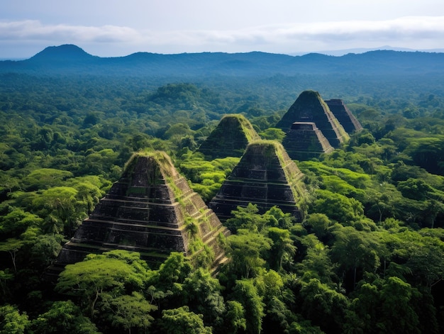 Antiche piramidi in mezzo alla foresta pluviale tropicale vista aerea ad alta quota