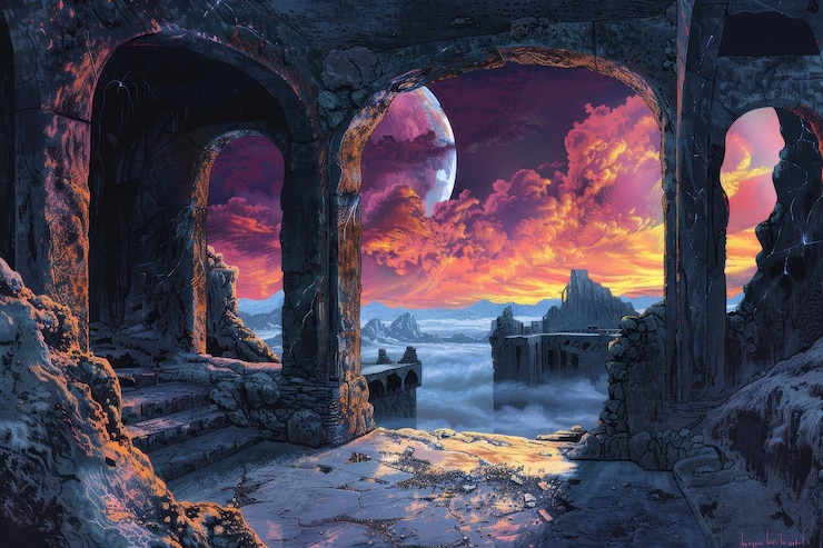 Foto antiche rovine aliene si affacciano su un vivace paesaggio alieno con una grande luna e montagne lontane.