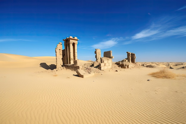 Antiche rovine del deserto con dune di sabbia sullo sfondo e cielo blu chiaro creato con intelligenza artificiale generativa