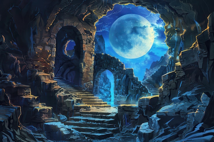 Foto antiche rovine illuminate dalla luna rivelano il percorso segreto dell'avventura