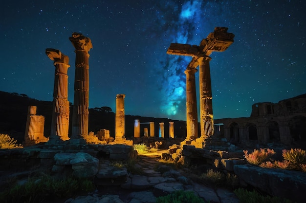 Antiche rovine sotto un cielo stellato