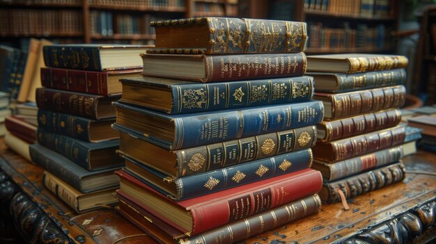 Antichi libri rilegati in pelle ammassati in una biblioteca classica