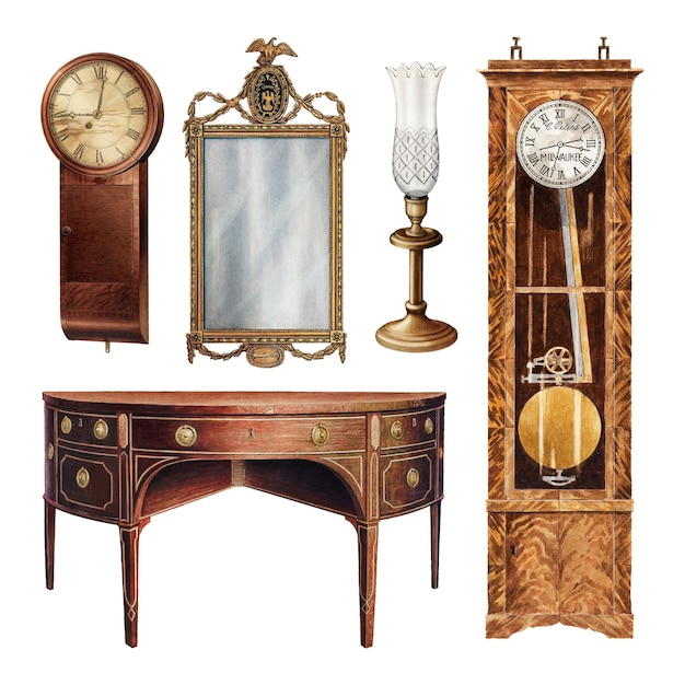 Antichi mobili png e set di elementi di design di decorazione remixati dalla collezione di pubblico dominio