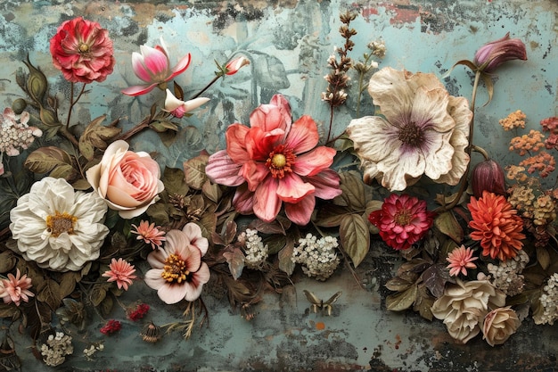 Antico arazzo botanico con fiori rustici e sfondi texturati