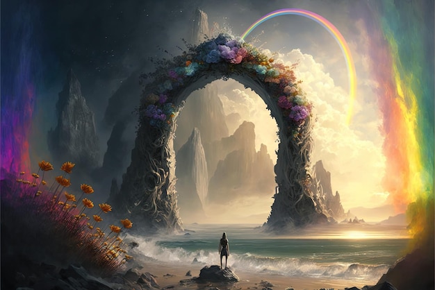 Antico arco e pilastri portale di fiori lussureggianti verso un altro mondo magiche antiche rune pianeta alieno archi di pietra AI generativa