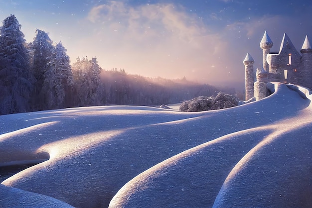 Antico castello d'inverno in pietra Paesaggio innevato di fantasia con un castello Castello d'inverno sulla foresta invernale di montagna