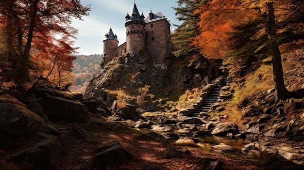 Antico castello in pietra immerso in una vivace foresta autunnale