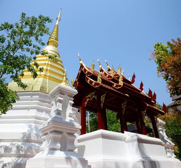 Antico chedi o antica vecchia stupa per il popolo thailandese viaggiatori visita e rispetto preghiera benedizione desiderio santo mistero di Wat Phra Kaew o Pa Ya o Pa Yea tempio a Chiangrai a Chiang Rai Thailandia