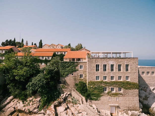 Antico edificio in pietra intrecciato con edera sull'isola di sveti stefan