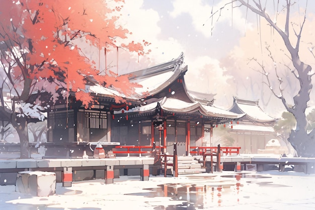 Antico giardino cinese in inverno in stile nazionale giardino paesaggistico illustrazione di scena di neve