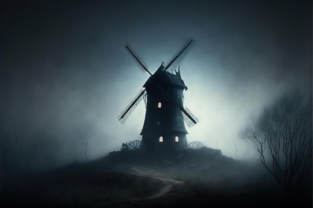 Antico mulino a vento su collina nebbiosa nell'oscurità creato con intelligenza artificiale generativa