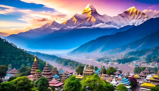 Antico Nepal con bellissime montagne