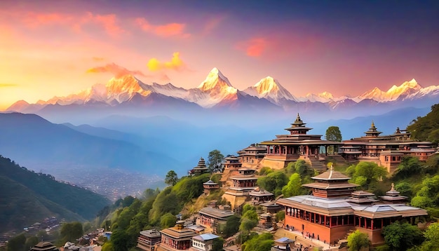 Antico Nepal con bellissime montagne