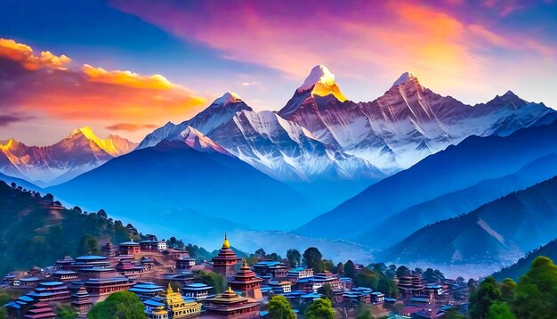 Antico Nepal con bellissime montagne