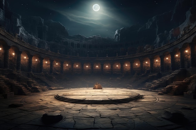 Antico podio dell'arena per le battaglie colonne di marmo luna e notte antica Roma