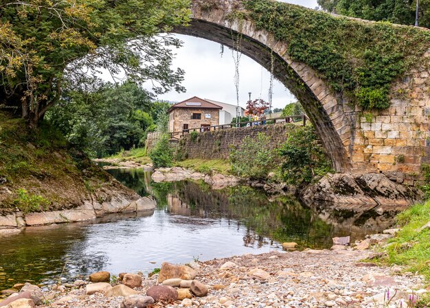 Antico ponte ad arco sul fiume e ricca vegetazione