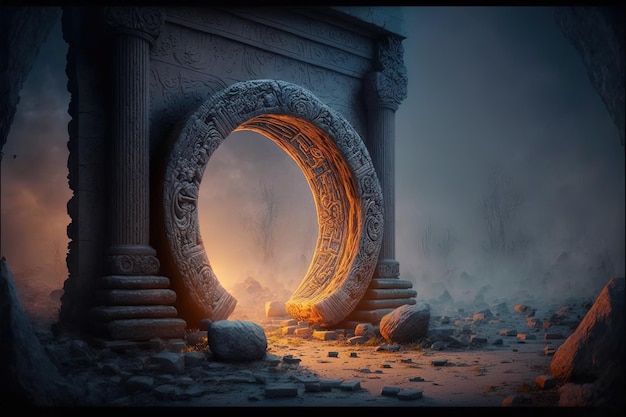 Antico portale ad arco e pilastri verso un altro mondo magiche antiche rune Illustrazione digitale AI