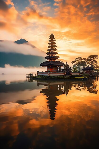 Antico pura ulun danu bratan besakih o famoso tempio indù e turista nell'isola di Bali all'alba