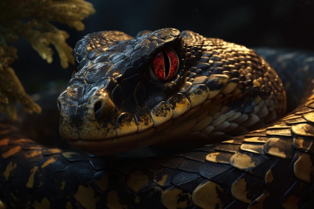 Antico rettile con occhi rossi Serpente esotico velenoso pericoloso IA generativa