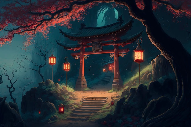 Antico santuario giapponese sulla montagna rosso cancelli crepuscolo lanterne lungo il percorso IA generativa