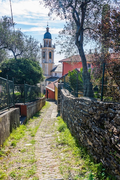 Antico sentiero in pietra sulle colline di Chiavari tra case e ulivi