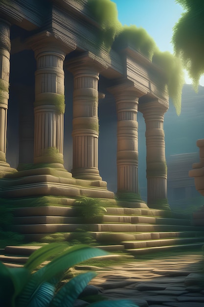 Antico tempio greco nella giungla 3D render illustrazione