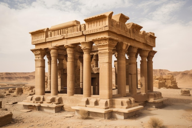 Antico tempio nel deserto con imponenti colonne e intricati intagli creati con l'IA generativa