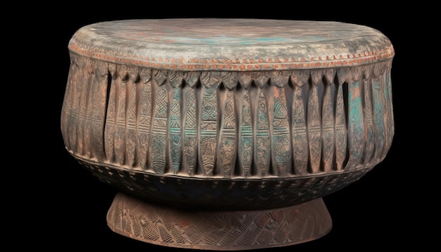Antico vaso in terracotta ornato con decorazioni in rame ornate generate da AI