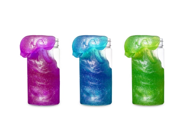 Antictress di melma colorata in bottiglia di plastica isolata sullo sfondo bianco