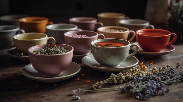AntiossidanteRicco elisir di erbe Erbe e spezie in infusione in una tazza da tè in ceramica Generative Ai