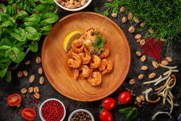 Antipasti caldi Gamberi fritti in un piatto con microverdi e limone