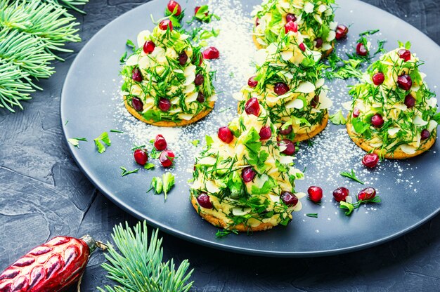 Antipasto delizioso per la tavola di Natale. Crostini con formaggio, aglio e melograno.