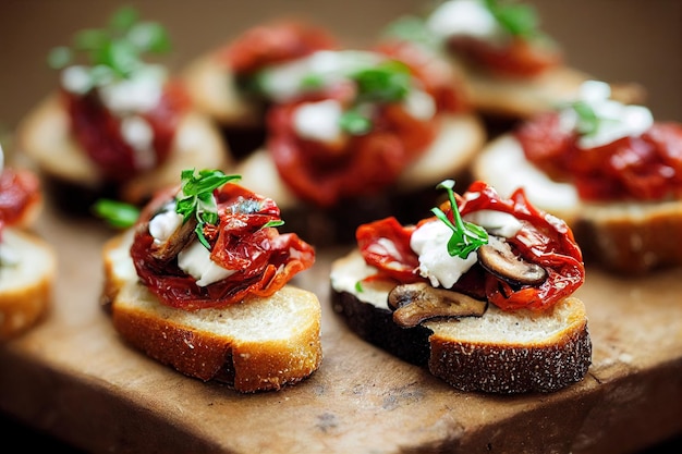 Antipasto di bruschette su baguette con pomodori secchi e mozzarella su vassoio di legno