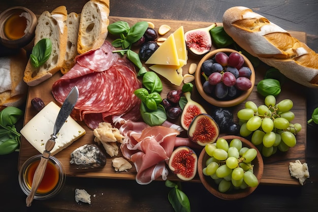 Antipasto italiano prosciutto e formaggi serviti su un piatto di legno con fichi e uva Illustrazione AI generativa