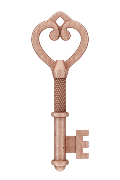 Antique Retro Old Bronze Key su uno sfondo bianco. Rendering 3D