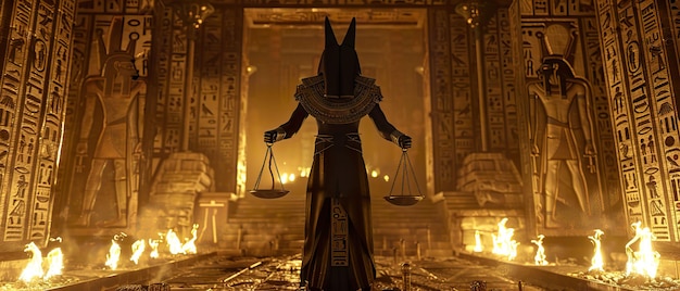 Anubis, dio degli inferi, che tiene circondata la bilancia del giudizio.